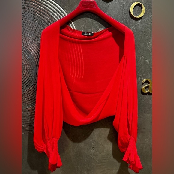 Source Unknown Tops - Elegant Red Draped overtop long sleeved Blouse ruffled sleeves size M